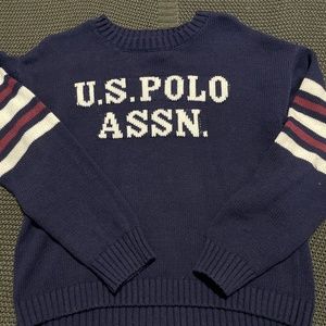 U.S . POLI ASSAN blue sweater with white and burgundy stripes